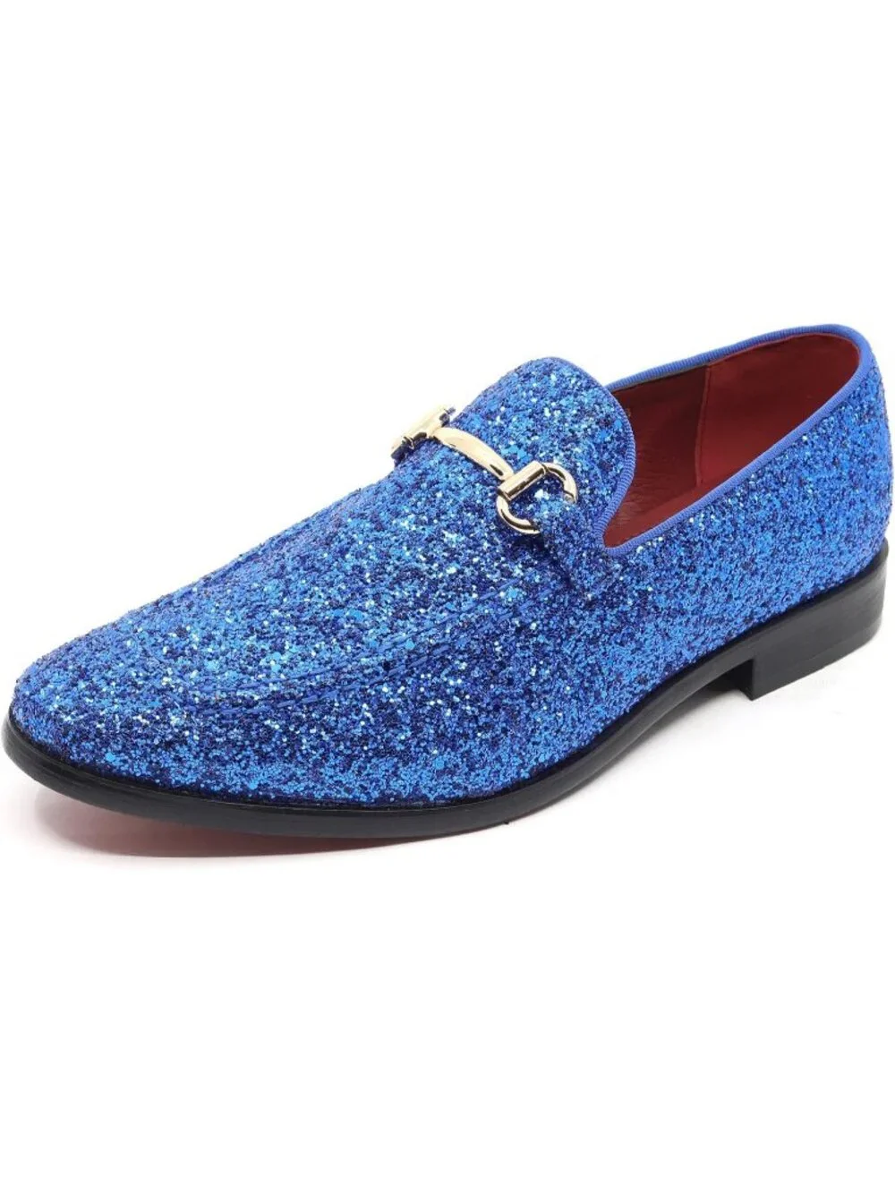 Metrocharm Men's Blue Glitter Rubber Velvet Loafers Gold Buckle Slip On Shoes